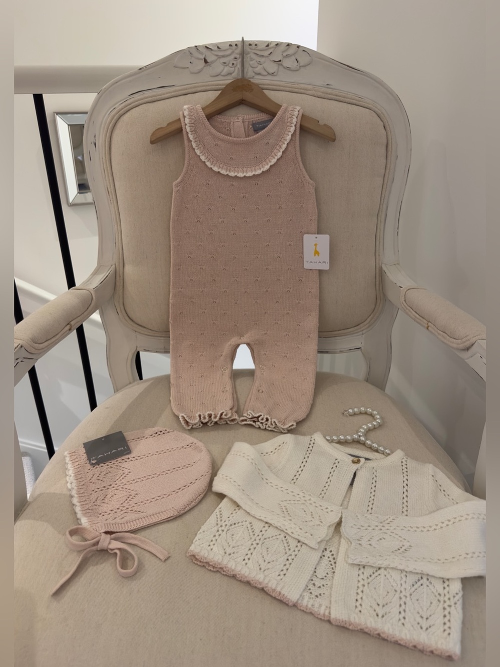 🩰 6~9 Mth Tahari Blush Dusty Rose Pointelle Knit Ruffled Baby Romper Set NWT